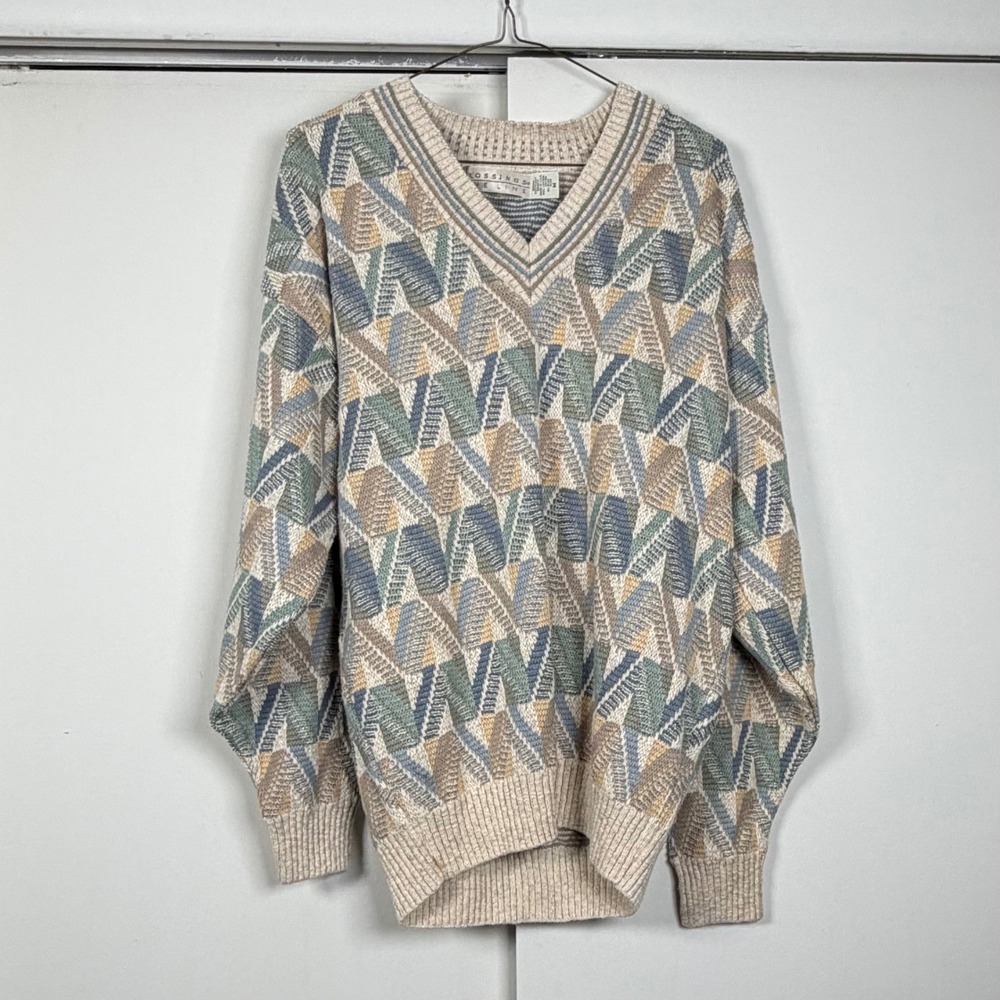 Vintage Crossings Fine Line V-Neck Sweater Mens Medium Geometric Cotton Flax USA